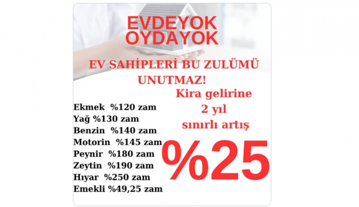 Mağdur ev sahiplerinden adalet çağrısı: Ekmeğe yüzde 120, peynire yüzde 180 zam varken, kiraya yüzde 25 artış olmaz! 