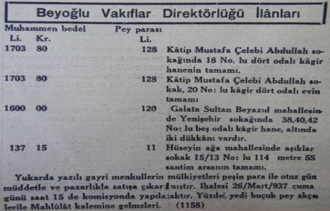 1937 yılında Beyoğlu Katip Çelebi Mahallesi'nde dört odalı ev 1.703 liraya satılıkmış!