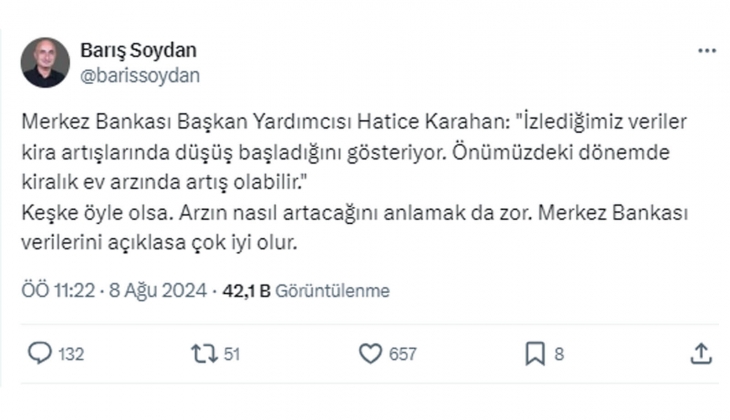 Merkez Bankası ndan kiralık ev arzında artış olabilir açıklaması: Barış Soydan, TCMB verileri açıklarsa iyi olur dedi!