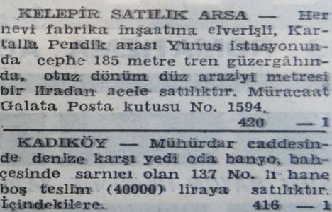 1946 yılında Kartal'da 30 dönüm arazi metrekaresi 1 liradan satılacakmış!