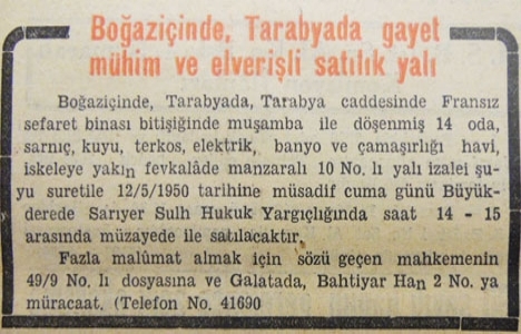 1950 yılında Tarabya'da yalı satılacakmış!