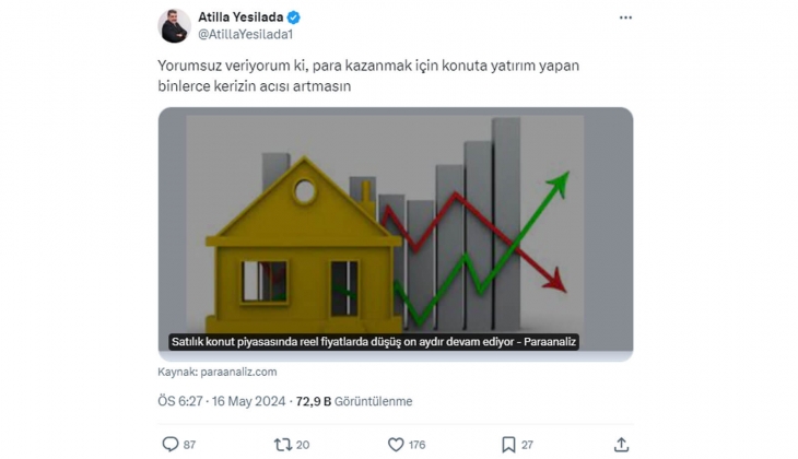 Ekonomist Atilla Yeşilada Konuta yatırım yapan binlerce kerizin acısı artmasın dedi! Ev sahiplerinden tepki geldi!