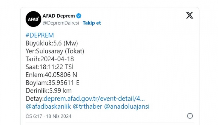 Son dakika! Tokat ta 5,6 büyüklüğünde deprem meydana geldi!