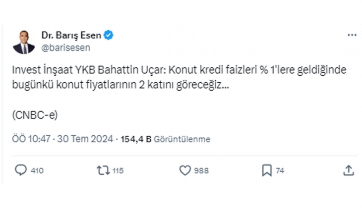 Kredi faizleri yüzde 1 lere geldiğinde, konut fiyatları bugünün 2 katına çıkar!