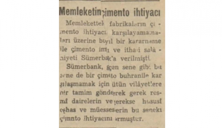 1939 yılında çimento ihtiyacı Sümerbank tarafından karşılanmış!