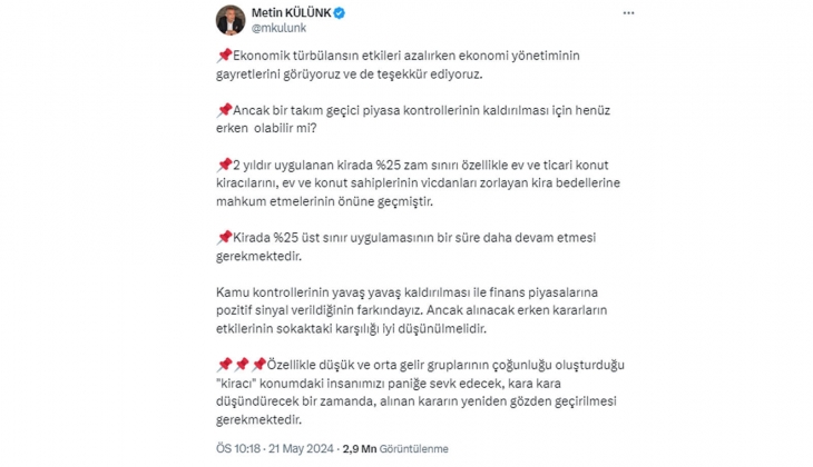 Eski milletvekili Metin Külünk, kirada yüzde 25 uygulaması devam etmeli dedi! Ev sahiplerinden tepki gecikmedi!