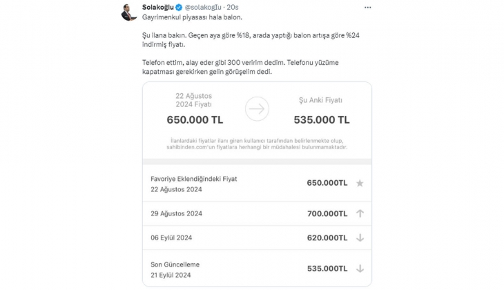 Bir emlak ilanında 1 ayda fiyat yüzde 24 düştü! Analistten Gayrimenkulde hala balon var açıklaması geldi!