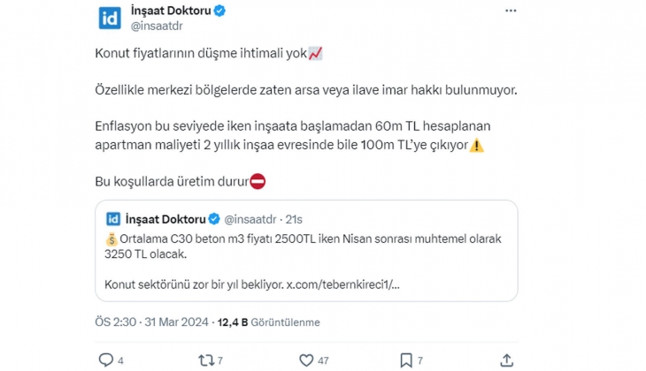 60 milyon TL olan apartman maliyeti, enflasyonla 100 milyon TL ye yükseliyor: Konut fiyatları düşmez!