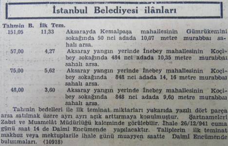 1941 yılında Aksaray'da 10 metrekare arsa 151 liraya satılacakmış!