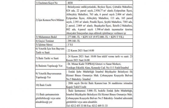 İstanbul un 4 ilçesinde akaryakıt istasyonu yapım ve kiralama ihalesi!