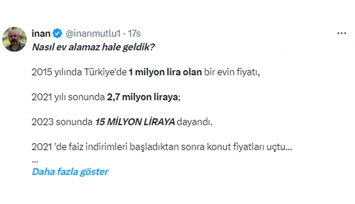 2015 te 1 milyon TL olan evin fiyatı, 2023 ün sonunda 15 milyon TL ye dayandı!