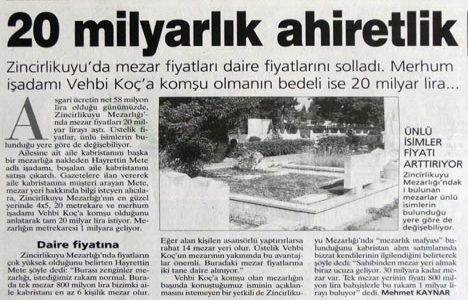 1999 yılında Zincirlikuyu da mezar fiyatları daire fiyatlarını sollamış!