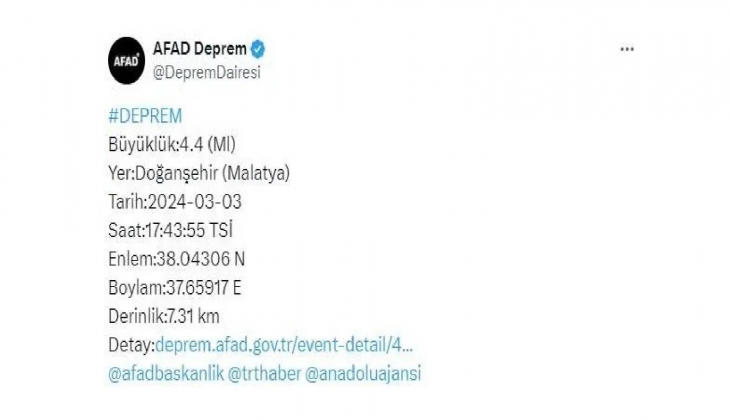 Son dakika! Malatya da 4.4 büyüklüğünde deprem meydana geldi!