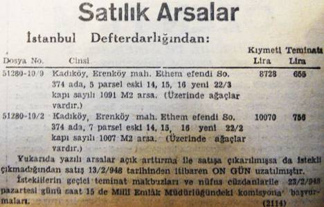 1948 yılında Erenköy'de 1.007 metrekare arsa 10 bin liraya satılacakmış!