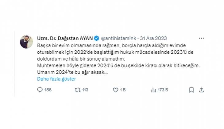 Ünlü doktordan 2024 dileği: Umarım bu yıl benim gibi on binlerce mağdur insan evlerine kavuşur!