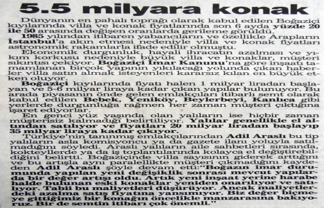 1990 yılında Boğaziçi ndeki villa ve konak fiyatlarında gerileme görülmüş!