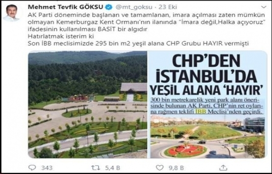 Mehmet Tevfik Göksu dan Kemerburgaz Kent Ormanı açıklaması!