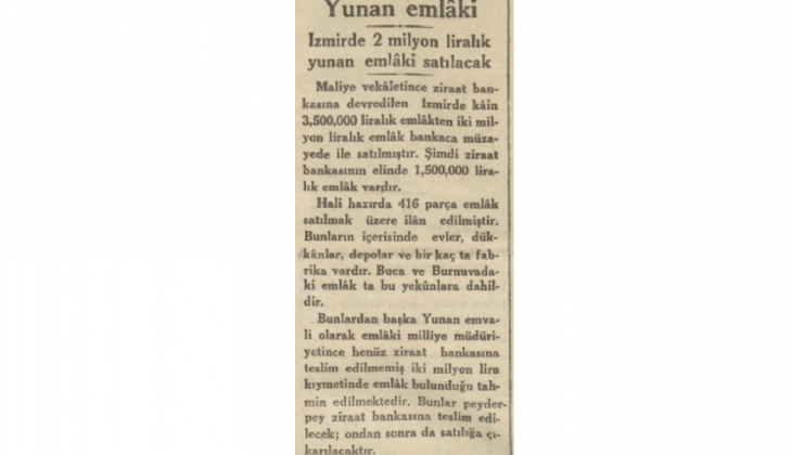 İzmir de 1934 te 2 milyon liralık Yunan gayrimenkulü satılmış!