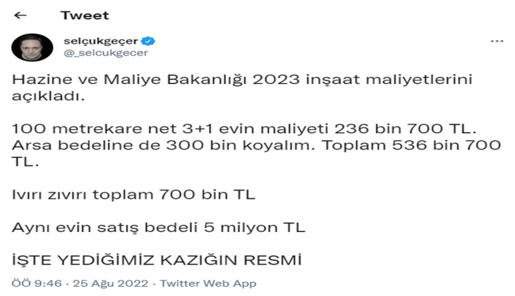 İnşaat maliyet bedellerine doları adım adım bilen Selçuk Geçer’den çarpıcı yorum