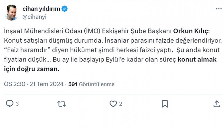 İnşaat Mühendisleri Odası: Bu ay ile başlayıp Eylül’e kadar olan süreç konut almak için doğru zaman!