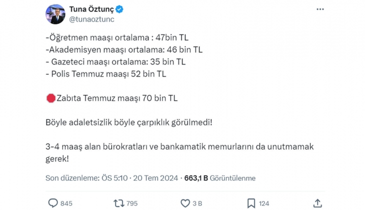 Gazeteci Öztunç tan yeni zamlı maaşlara adaletsizlik çıkışı: Öğretmen 47 bin TL, gazeteci 35 bin TL, zabıta 70 bin TL!