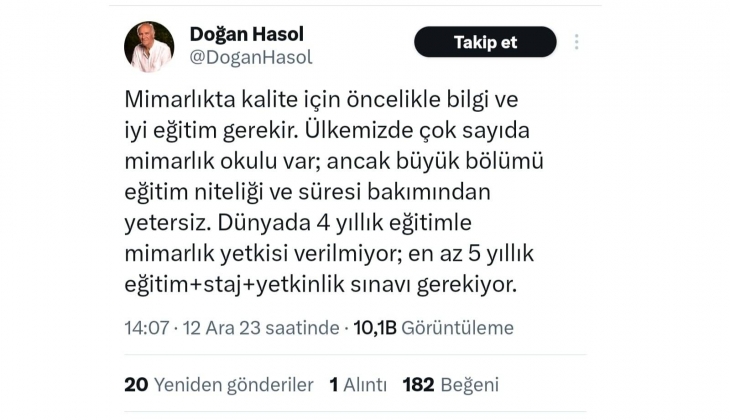 Ünlü mimar Doğan Hasol dan mimarlık eğitimi eleştirisi...
