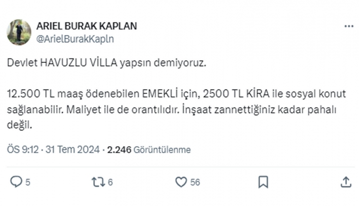 Emekliler için 2 bin 500 TL kira ile sosyal konut sağlanabilir önerisi!