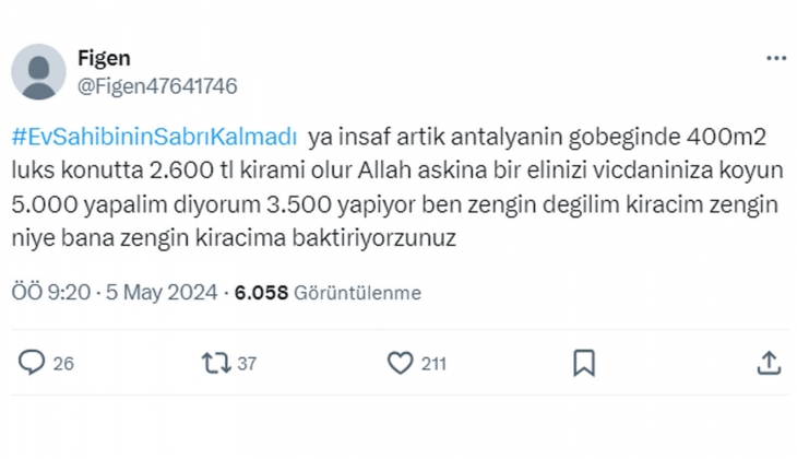 Mağdur ev sahiplerinin tepkisi dinmiyor: 400 metrekarelik evde 2.600 TL ye oturan zengin kiracıma ben bakıyorum!