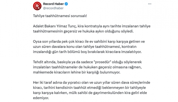 Bakan Tunç: Kirayla aynı tarihte imzalanan tahliye taahhütnamesi geçersiz! 