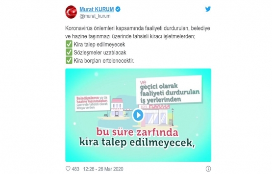 Hazine ve Belediye kiracılarından kira istenmeyecek!