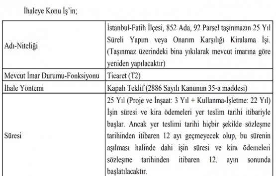 Fatih te 6.5 milyon TL ye inşaat karşılığı kiralama ihalesi!