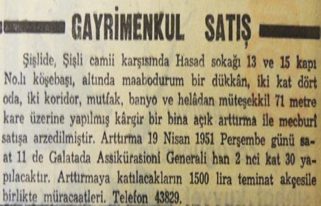 1951 yılında Bostancı da 800 metrekare bina 29.500 liraya satılacakmış!