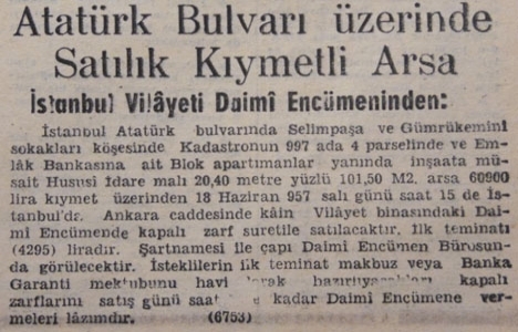 1957 yılında Atatürk Bulvarı üzerinde 60.900 liraya satılık arsa!