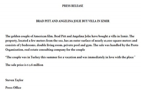 Angeline Jolie ve Brad Pitt İzmir den 2.6 milyon dolara villa aldı!