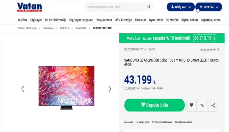Vatan Bilgisayar da Samsung televizyonlar yüzde 15 indirimli! İşte 26 Eylül 2022 Vatan Bilgisayar fiyat listesi