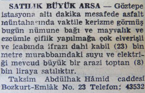 1941 yılında Göztepe'de 23 dönüm arazi 8 bin liraya satılacakmış!
