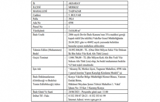 Aksaray da 34.9 milyon TL ye yapım karşılığı kiralama ihalesi!