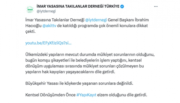 İmar Yasasına Takılanlar Derneği nden açıklama: Kentsel dönüşümden önce yapı kayıt düzenlemesi gerekiyor! 