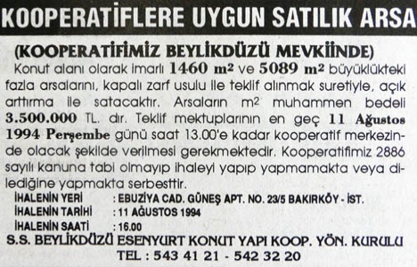 1994 yılında Beylikdüzü'nde metrekaresi 3.500.000 liraya arsa!