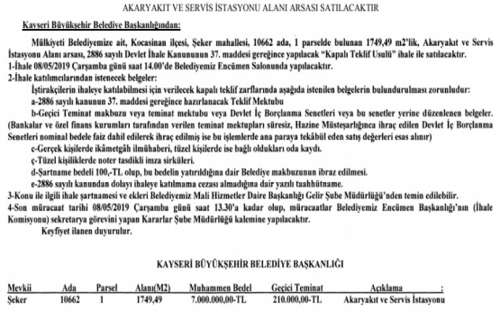 Kayseri de 7 milyon TL ye satılık akaryakıt istasyonu!