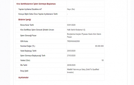 Halk Varlık Kiralama nın 85 milyon TL lik kira sertifikaları Borsa İstanbul da işlem görecek!