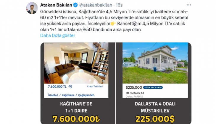 İnşaat Mühendisi konutta arsa payına dikkat çekti: Yüzde 25 arsa payıyla 4.5 milyon TL lik evin fiyatı 3 milyon olurdu!