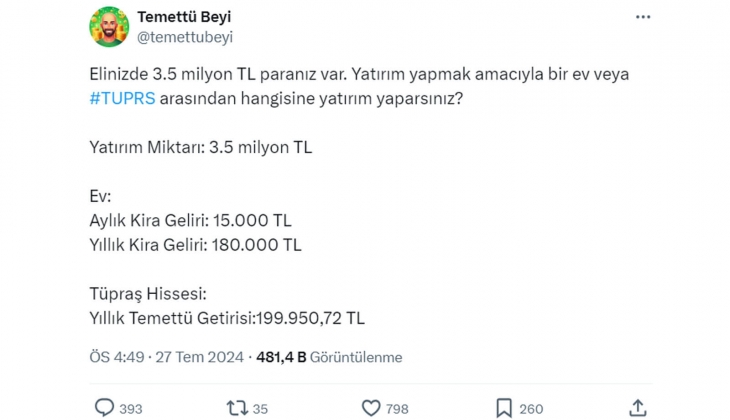 3.5 milyon TL ile ev alınırsa yıllık 180 bin kira, Tüpraş hissesi alınırsa yıllık 199 bin 950 TL getiri gelir!