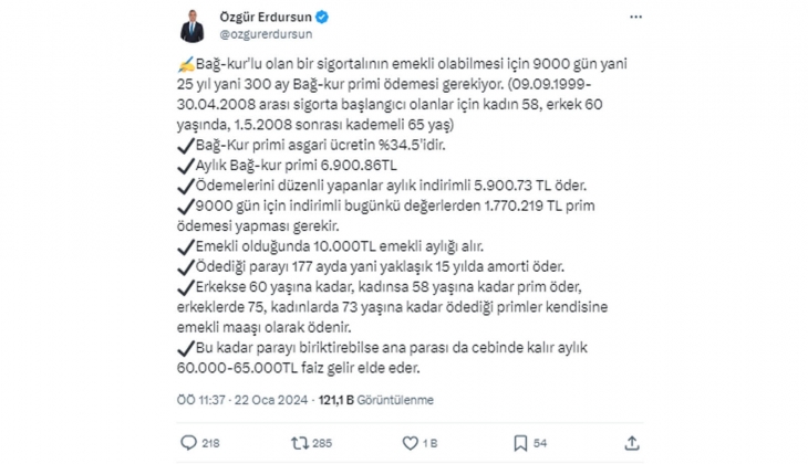 25 yılda 1.7 milyon TL prim ödeyecek olan Bağ-Kur lu, parayı biriktirse aylık 60-65 bin TL faiz alır!