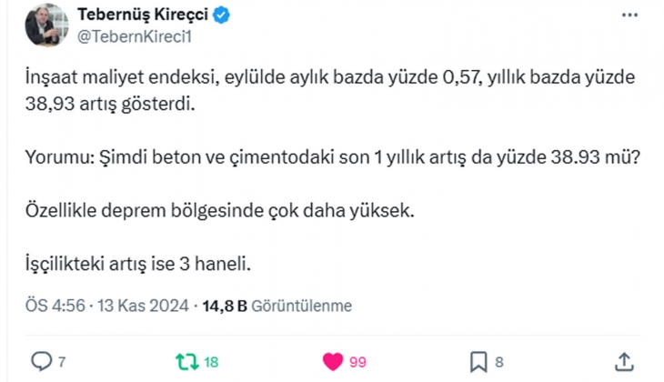 Tebernüş Kireçci sordu: Şimdi beton ve çimentodaki son 1 yıllık artış yüzde 38.93 mü?