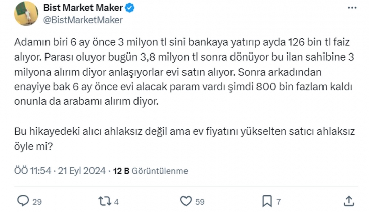 Satılık ev ilanında şaşırtan not: Fiyatımız 1 ay için geçerlidir. Faizler düşmeye başladığında fiyatımız artacaktır!