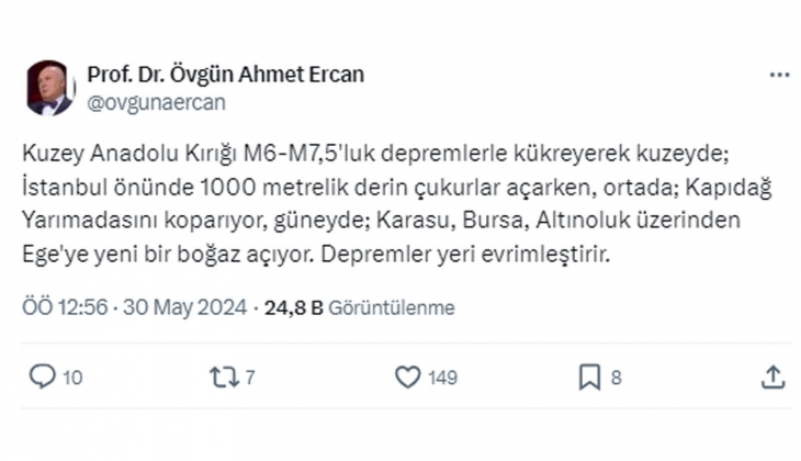 Deprem bilimci Prof. Dr. Övgün Ahmet Ercan dan 7.5 e varan deprem açıklaması: İstanbul, Karasu, Bursa, Altınoluk...