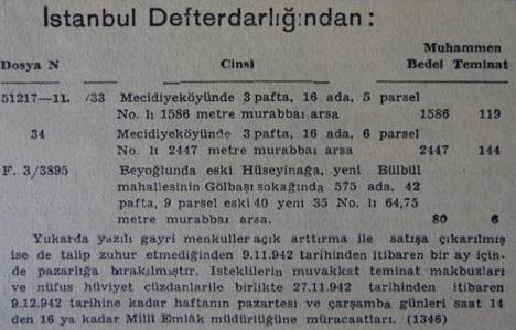 1942 yılında Mecidiyeköy'de bin 598 metrekare arsa bin 586 liraya satılacakmış!
