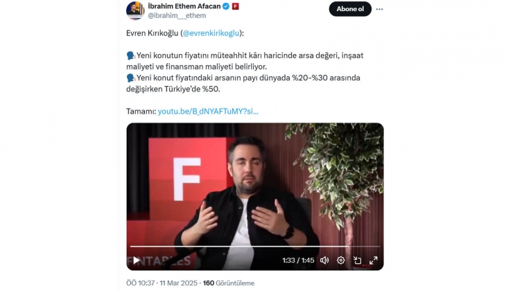 Yeni konut fiyatındaki arsanın payı dünyada yüzde 30 lardayken, Türkiye’de yüzde 50!