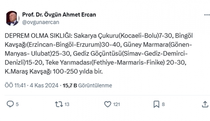 Prof. Dr. Övgün Ahmet Ercan, bölge bölge deprem olma sıklıklarını açıkladı: En kısa zaman Sakarya Çukuru ve Bingöl de!
